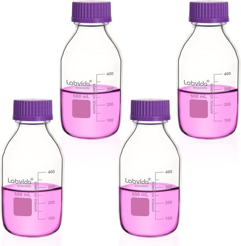 Labvida 4pcs 500ml Thick Glass Round Media Storage Bottles with GL45 Screw Cap, Borosilicate Glass, LVAD005 - Image 1